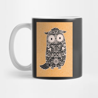 Black and White Folk Art Owl on Yellow Floral Background Mug